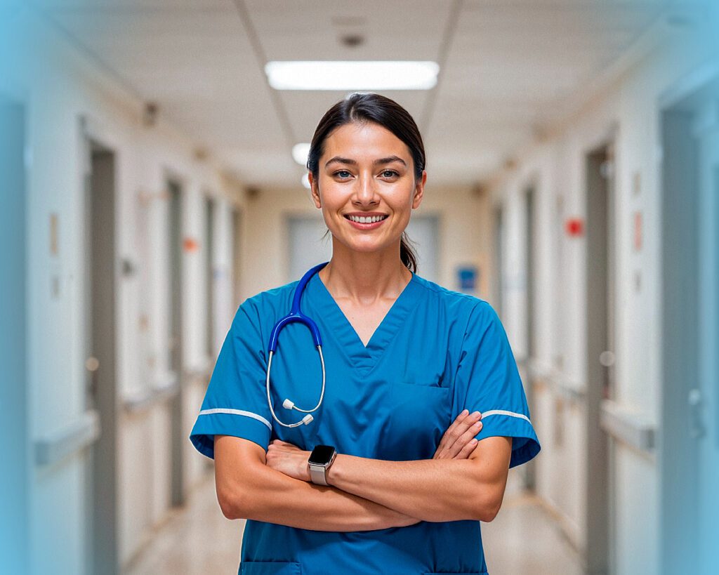 Nurse Practitioner Jobs USA and Europe - A smiling female nurse practitioner wearing blue scrubs and a stethoscope stands with her arms crossed in a hospital corridor.