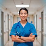 Nurse Practitioner Jobs USA and Europe - A smiling female nurse practitioner wearing blue scrubs and a stethoscope stands with her arms crossed in a hospital corridor.
